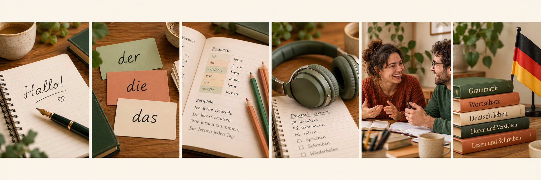 Six German learning scenes: a Hallo notebook, vocabulary flashcards, grammar practice, listening headphones, conversation practice and language books with a German flag